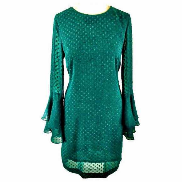 H&M Emerald Green Flounce Sleeve Chiffon Swiss Dot Lined Sheath Dress  SmallSz 4
